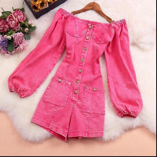 

fashion korean single breasted playsuits women jumpsuit vintage pockets slash neck off shoulder jumpsuits puff sleeve bodysuits, Black;white