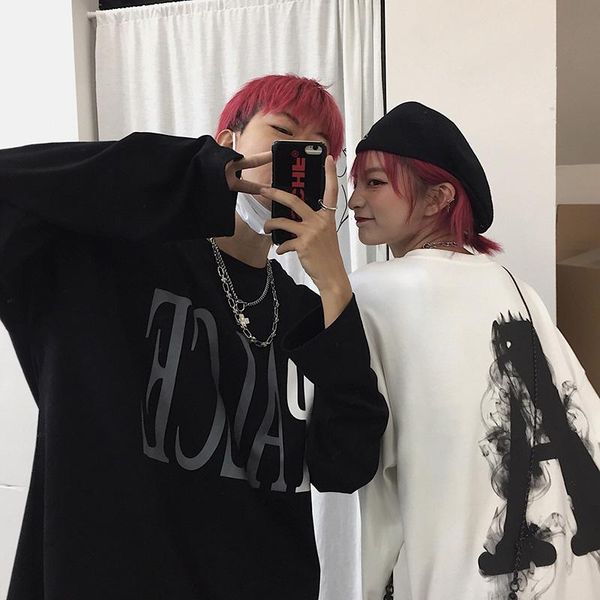 

women's t-shirt spring autumn hip-hop letter a blooming couple long-sleeved kpop korean fashion emo aesthetic oversized grunge clothes, White