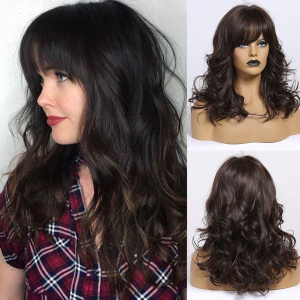 

dark brown color synthetic shoulder length wavy everyday wigs with see through bangs for white/black women party wear1