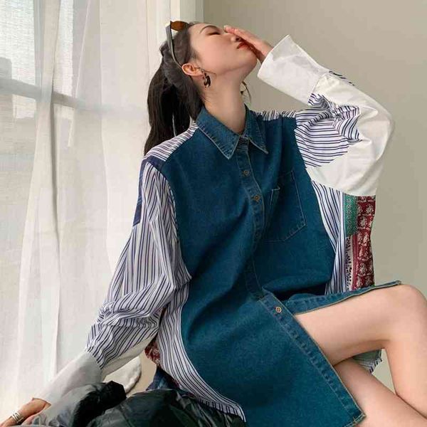 

women's two piece pants vintage denin patchwork oversized shirt women long sleeve and blouse button up collar desinger fashion, White