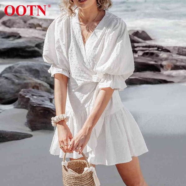 

ootn lace up spring summer ruffled wrap dress women elegant puff sleeve boho dot white mini dresses ladies beach holiday cotton 210413, Black;gray