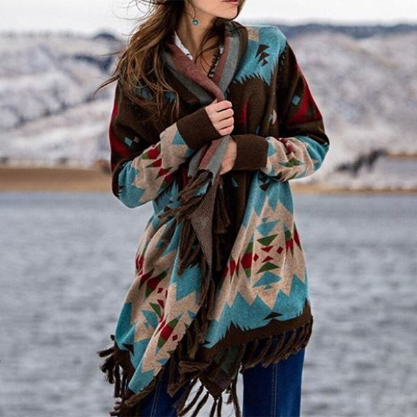 

women's cape plus size 5xl tassel geometric print women coat bow irregular mid-length long sleeve female coats autumn casual lady, Black