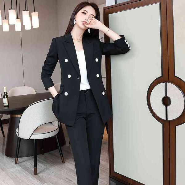 

pant female black red blazers suit button double decoration breasted two pieces blazer set and ladies'pants from the office, White