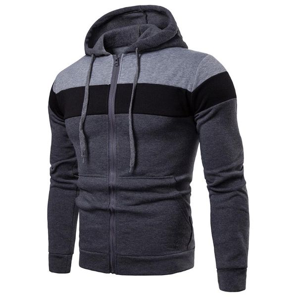 

men's color matching slim fit sports sweater fashion leisure zipper long sleeve hooded jackets, Black;brown