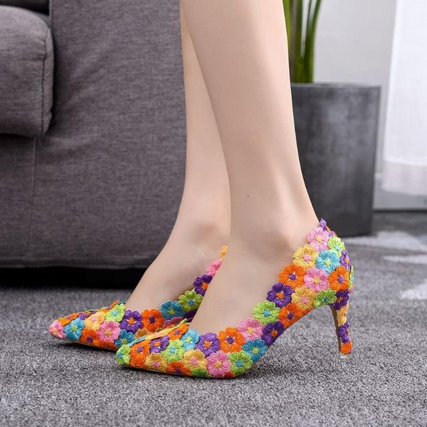 

sandals classic women shoes pearl flowers mutilcolor lace wedding 7cm high heels big size sweet pumps princess party, Black