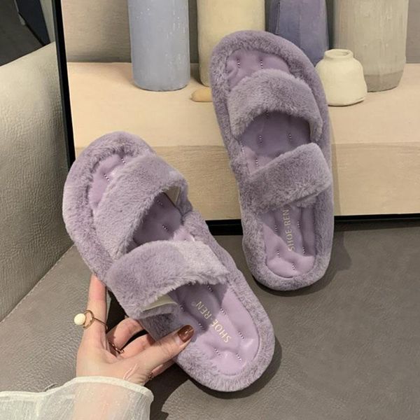 

cozy double band fur slippers women furry flip flops pantufas 2021 winter shoes sandals outside thicken soled slides, Black