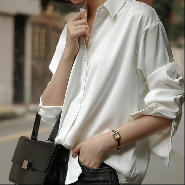 

spring vintage turn down women blouses collar office solid single breasted loose white shirts female workwear