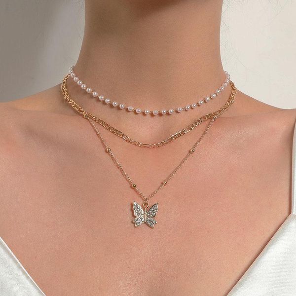

pendant necklaces vintage pearl full rhinestone butterfly necklace fashionable three to one round bead chain for women jewelry, Silver