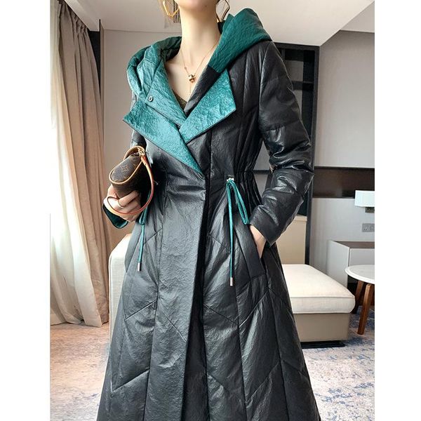 

women's leather & faux real down jacket women 2021 fall winter long waist hooded outerwear fashion oersize sheep, Black