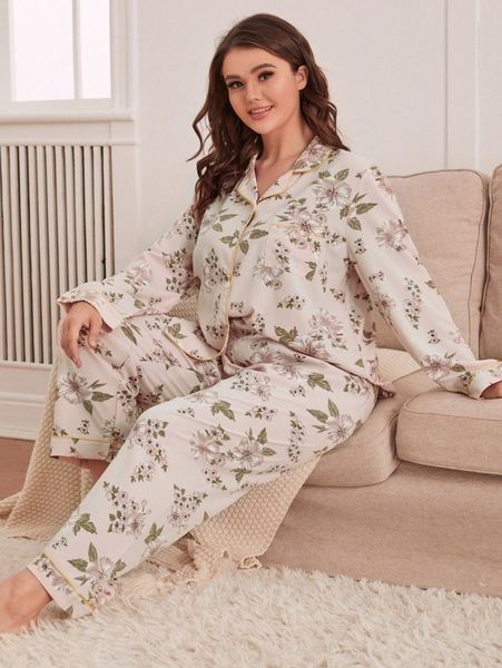 

plus floral print contrast piping blouse & pants pj set r8ji#, Black;white