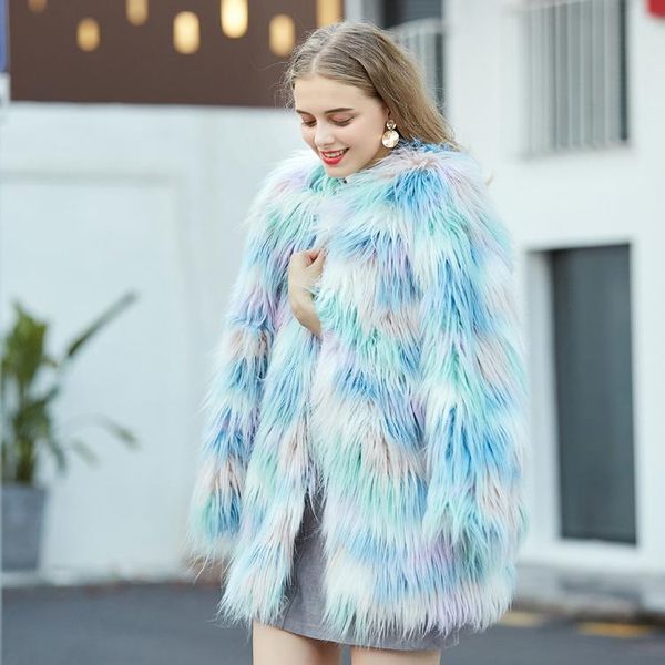 Fêmeas Faux Faux Mitions Blue Ice Macarons Casaco Senhoras Médio Longo Sardinho Plush Cardigan Teddy Jaqueta De Crop Winter Women