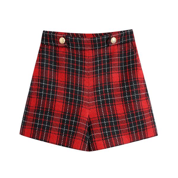 Mode Plaid Twill Shorts Frauen Vintage Dekorative Metall Tasten Hohe Taille Zurück Zipper Weibliche Kurze Hosen Mujer 210430