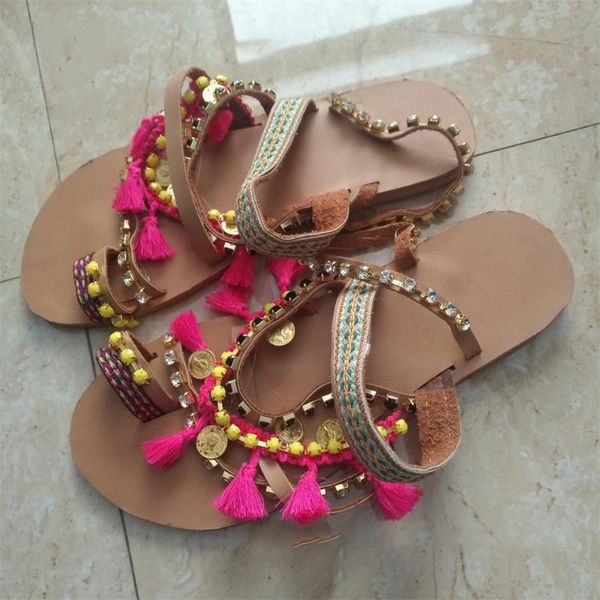 

slippers women's beautiful shiny rhinestones handmade bohemian toe flat sandals fashion 2021, Black