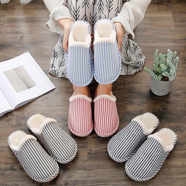 

slippers 2021 women winter cotton short plush striped house shoes fashion autumn warm fur bedroom anti-slip men lovers slides, Black