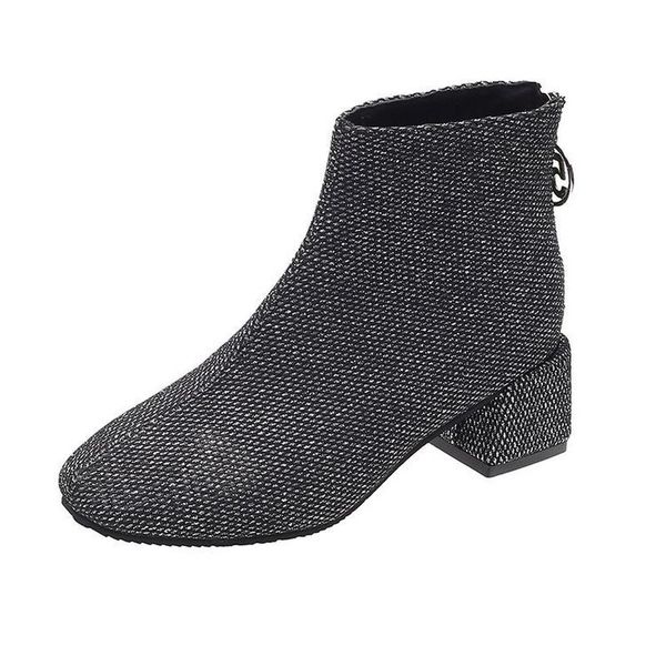 

autumn suede leather ankle boots winter women solid ladies shoes thick high heels crystal zipper woman, Black