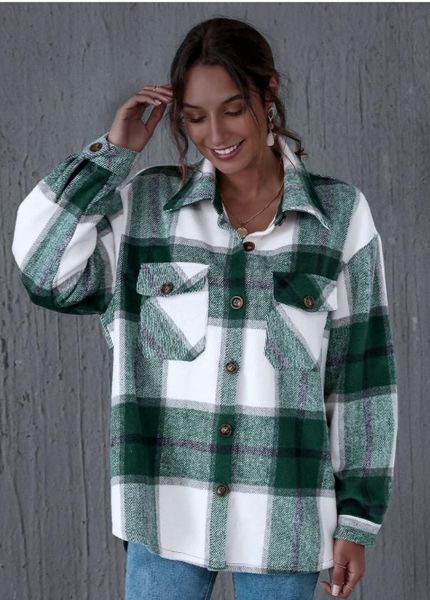 

stylish pockets oversized green plaid jacket coat women fashion lapel collar long sleeve loose outerwear chic women's jackets, Black;brown