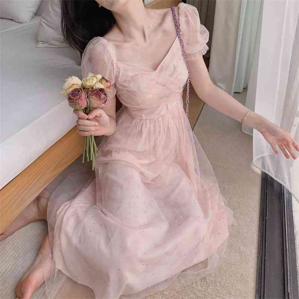 

fashion elegant puff sleeve mesh holiday long fairy dress women casual party beach summer princess robe femme 210514, Black;gray