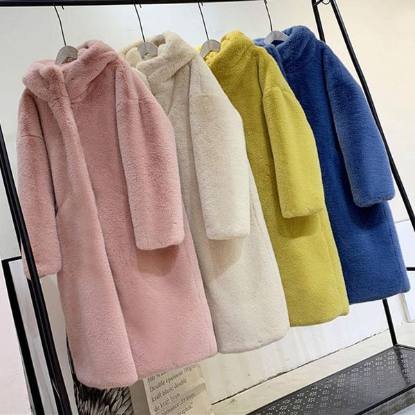 

women's down & parkas long fur coat women winter faux mink cashmere jacket loose hooded overcoat thick warm plus size female plush coat, Black