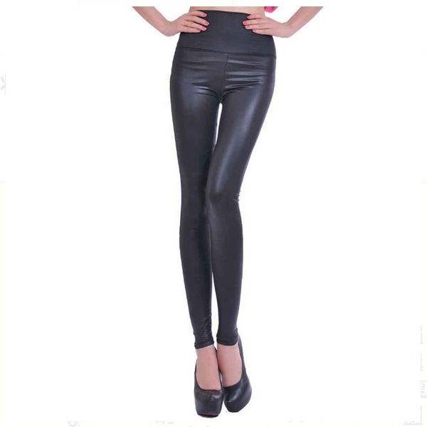 

leggings fashion thin large women's mercerized high waist imitation leather, Black