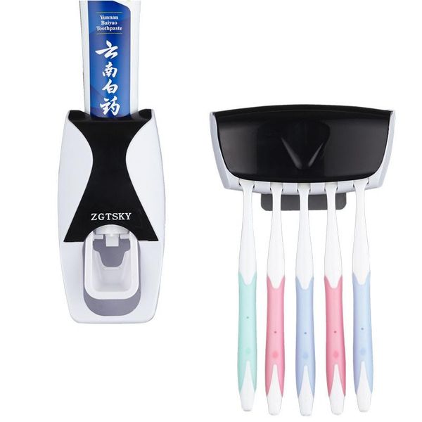

automatic toothpaste dispenser toothbrush holder storage rack wall mount bathroom accessories squeezer set bath accessory