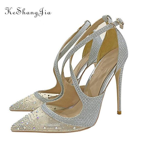 

sandals ke shang jia colored rhinestones pointed toe mesh pumps with tiny studs silver ladies party high heel shoes diamond, Black