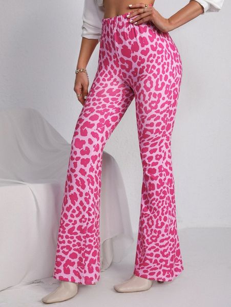 

elastic waist allover print flare leg pants t4tb#, Black;white