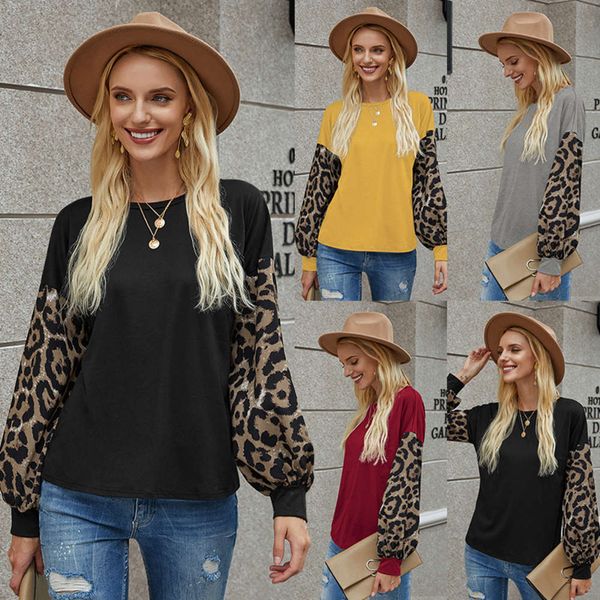 

casual dresses women's leopard pattern lantern sve round neck t-shirt, Black;gray