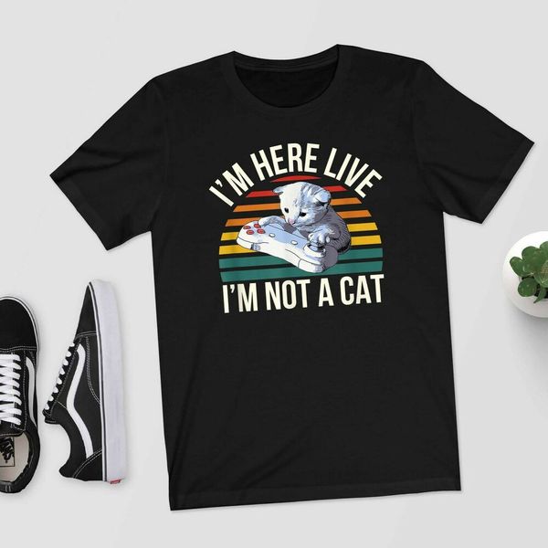 

i'm here live i'm not a cat t-shirt, White;black