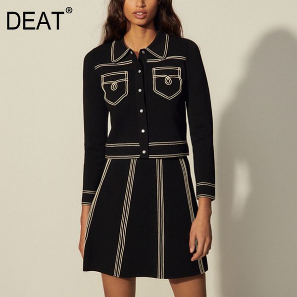 

[deat] temperament french new fashion open line lapel knitted cardigan small coat black skirt spring and summer gx1153 210428, Black;gray