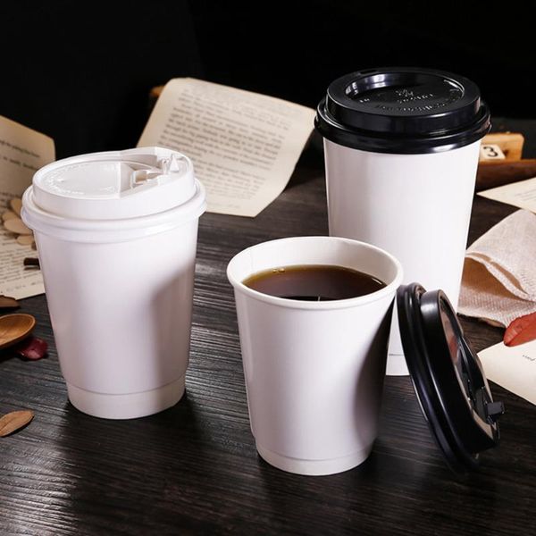 

disposable cups & straws 50pcs coffee insulation takeaway double-layer paper cup with lid (12oz, 350ml)