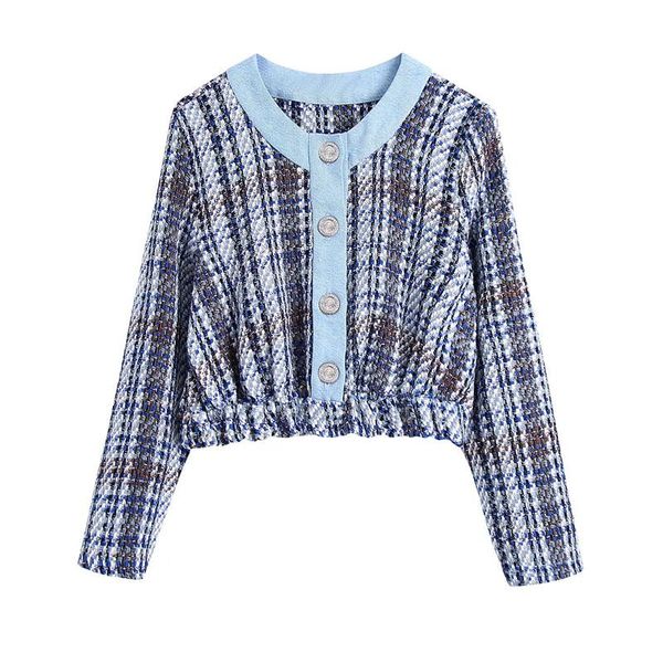 

women's jackets evfer spring autumn chic lady o-neck single breasted long leeve blue short womens fashion jewelry button plaid outwear, Black;brown