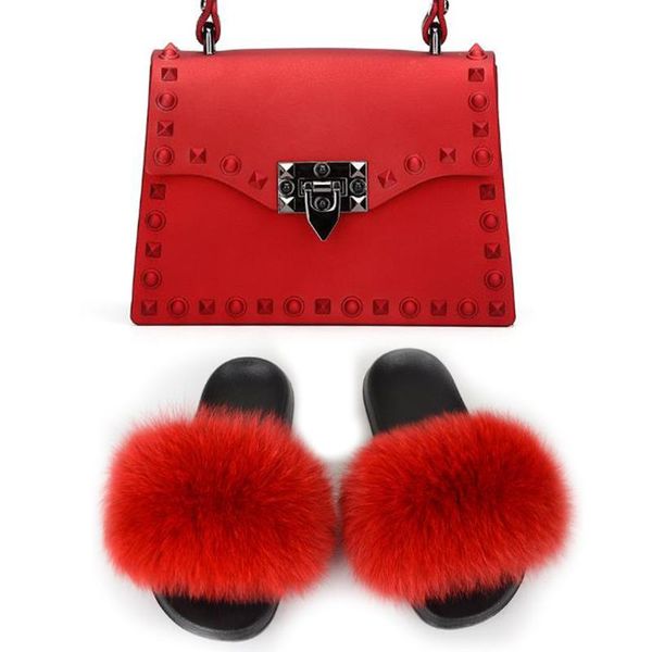 

women shoes real fur slides and bags extra fluffy furry slippers with purses comfortable luxury sandals purse set summer, Black