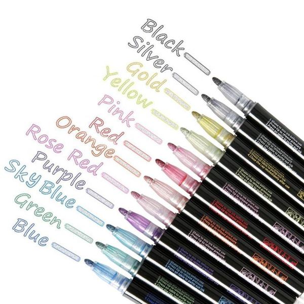 

highlighters 12pcs magic outline marker pen glitter colorful diy scrapbooking for drawing painting gift, Black;red
