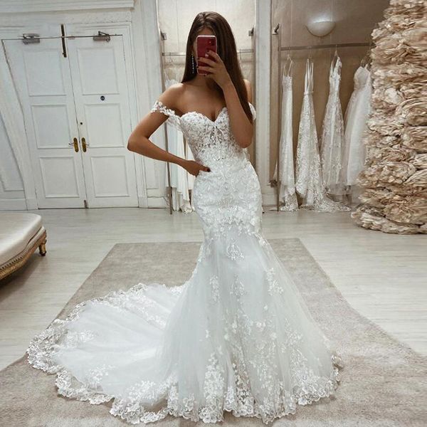

boho lace mermaid wedding dress bridal gowns off the shoulder court train appliques plus size bride dresses, White