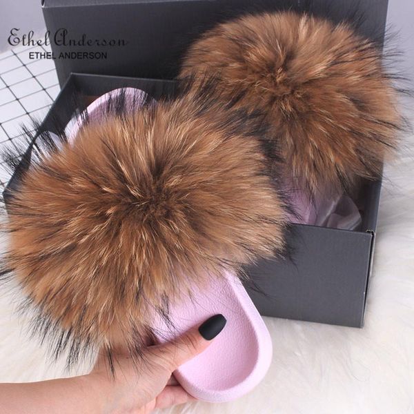 

slippers wholesale fur women real slides furry female summer shoes woman sandals, Black