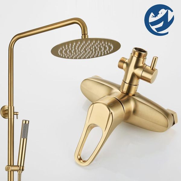 

brushed golden brass rainfall shower faucet bathtub mixer height adjustable bathroom set cold tap sets