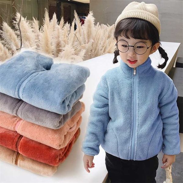 

autumn winter girls plush coats kids soft turtleneck outwear keep warm children's coral fleece zipper jackets for 211204, Blue;gray