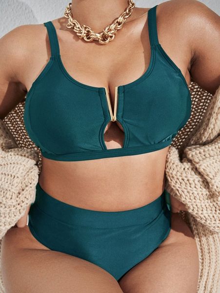 

plus plain v wire high waisted bikini swimsuit 20ma#, Black