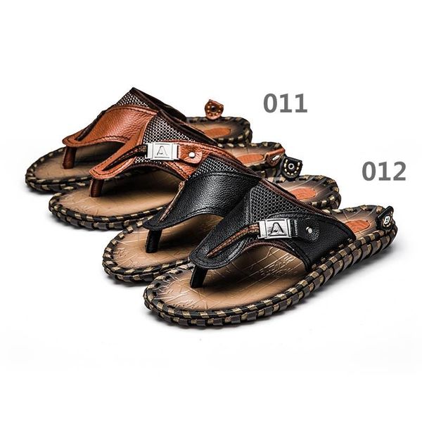 

slippers summer men's casual shoes beach trend large herringbone mop layer cowhide outdoor leisure, Black