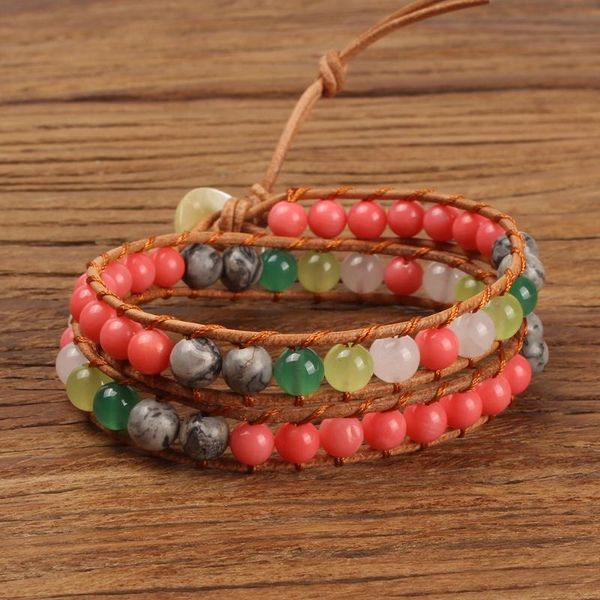 

beaded, strands 2021 fashion winding bracelet double-deck semi-precious stone round beads hand woven adjustable braided rope for jewelry gif, Black