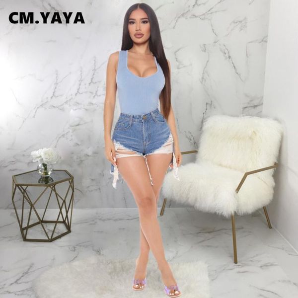 

cm.yaya women shorts denim mid waist pockets ripped sheath elastic mini jeans fashion casual bottoms summer 2021 women's, Blue