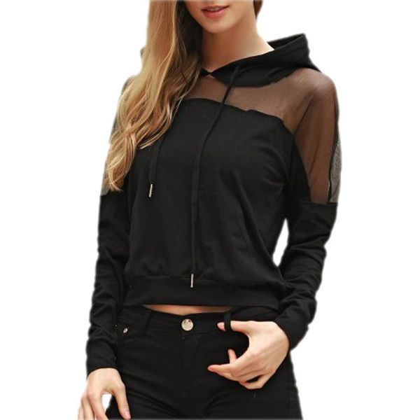 

women's hoodies & sweatshirts comfortable women mesh patchwork hoodied solid long sleeve sweatershirts jumper pullover warm, Black