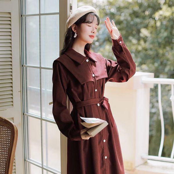 

autumn winter turn-down colla dress women red and black vintage single-breasted long sleeve shirts with belt s206 casual dresses, Black;gray