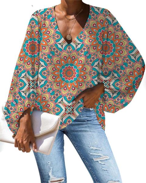 

women's blouses & shirts mozoeyu bohemia print shirt hawaiian casual loose v-neck blouse lartern sleeve women clothing 2021, White