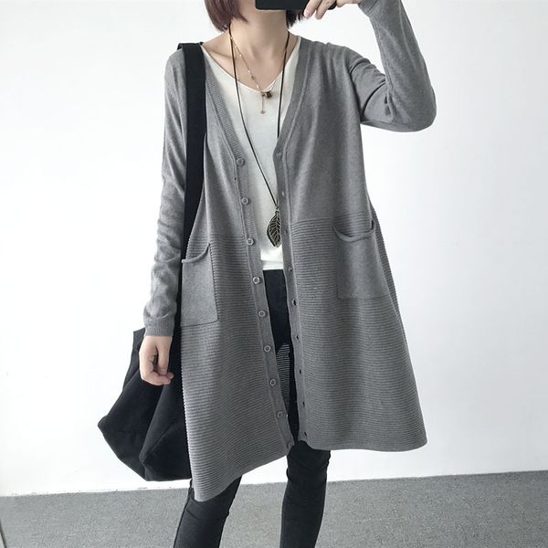 

johnature women casual long sweaters v-neck long sleeve autumn solid color pockets button female korean style sweaters 210521, White