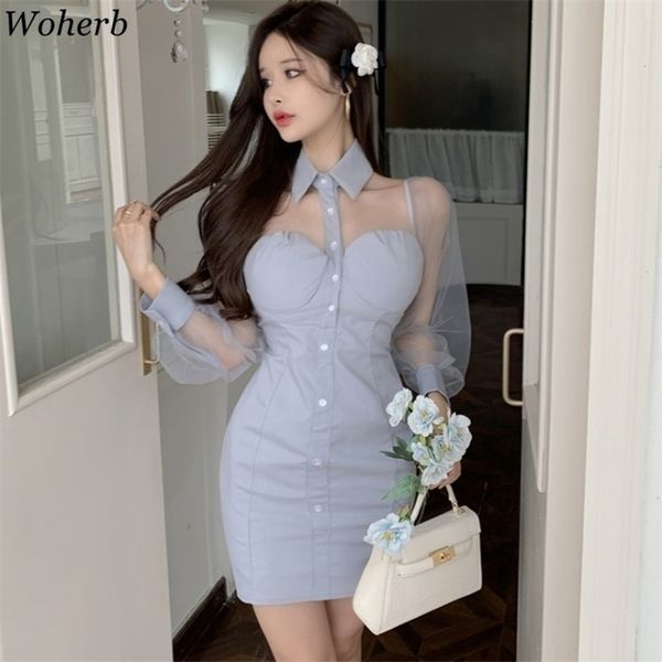 

women dress turn down collar gauze patchwork robe puff long sleeve hollow out vestidos lady bodycon mini dresses 210519, Black;gray