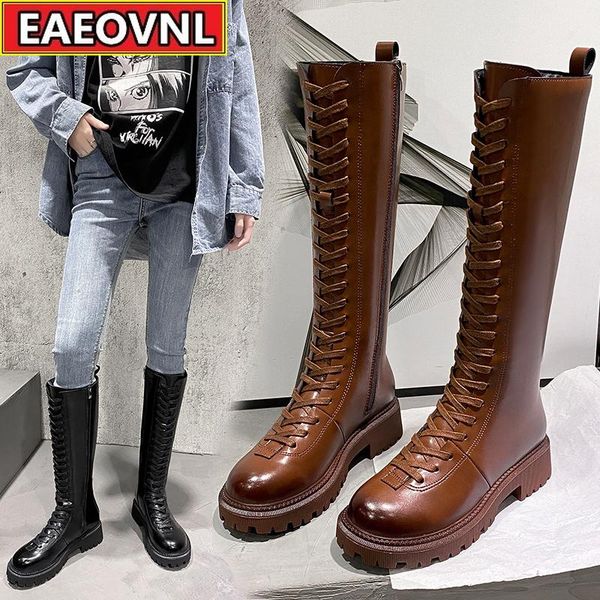 

boots women but knee 2021 autumn and winter lace-up high boot versatile thick heel small man, Black
