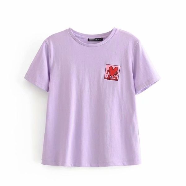 

women fashion embroidery decoration casual t-shirt female o neck short sleeve basic purple t shirt leisure t629 210419, White