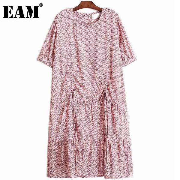 

[eam] women black big size drawstring printed dress round neck short sleeve loose fit fashion spring summer 1dd8593 21512, Black;gray