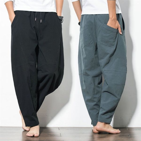 Verão Solto de Algodão Linho Tornozelo Calças Homens Calções Largura Perna Calças Casuais Haren Jogging Sweatpants Masculino 3 Cor 5XL 210715